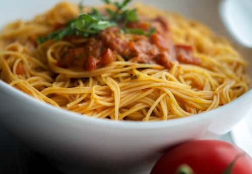 Angel Hair Pasta with Bruschetta Vodka Sauce-Horizontal