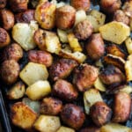 Roasted Italian Sausage & Potato Bake made with sweet Italian sausage and Russet potatoes tossed with balsamic vinegar, EVOO and fresh rosemary.