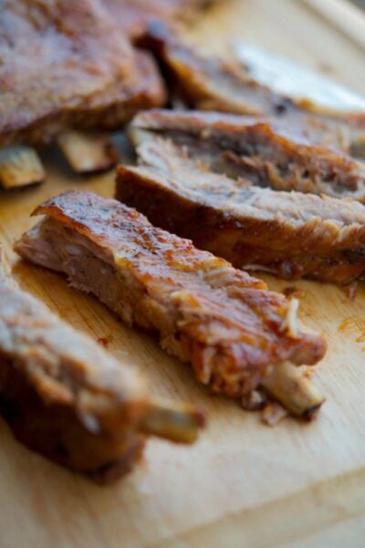 Spareribs on a cutting board.