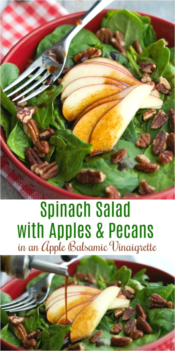 This deliciously flavorful Spinach Salad with Apples & Pecans in an Apple Balsamic Vinaigrette contains only five ingredients and takes about 10 minutes to make. Perfect for lunch or dinner! #salads #salad #spinach #apples #pecans