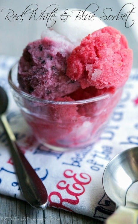 Red, White and Blue Sorbet in a glass dish.