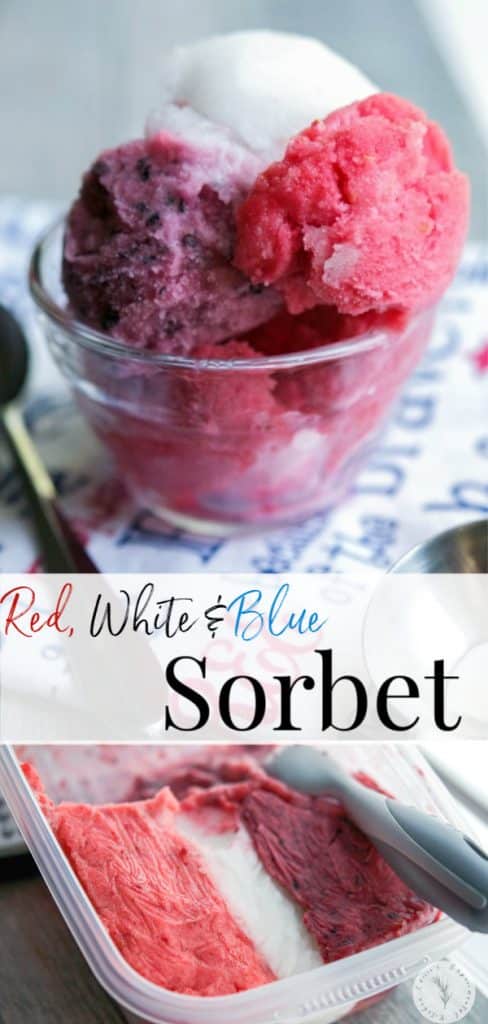 Celebrate the patriotic holidays with this refreshing Red, White and Blue Sorbet made with a few simple ingredients such as fresh fruit, water and sugar.