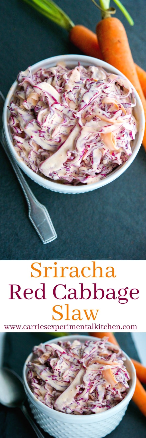This Sriracha Red Cabbage Slaw is deliciously creamy with a little bit of heat. The perfect addition to your summer salad rotation. #sriracha #hotsauce #salad #coleslaw #cabbage