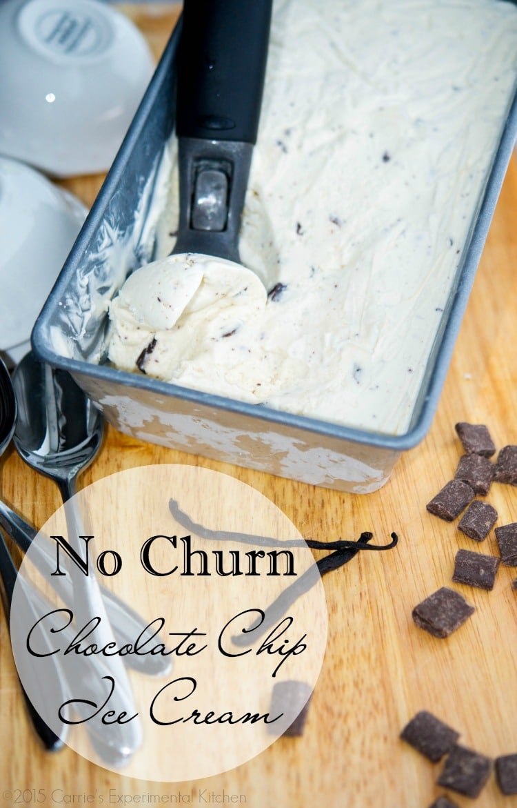 No Churn Chocolate Chip Ice Cream | Carrie's Experimental Kitchen Make deliciously creamy ice cream at home without an ice cream maker. #icecream #vegetarian #glutenfree