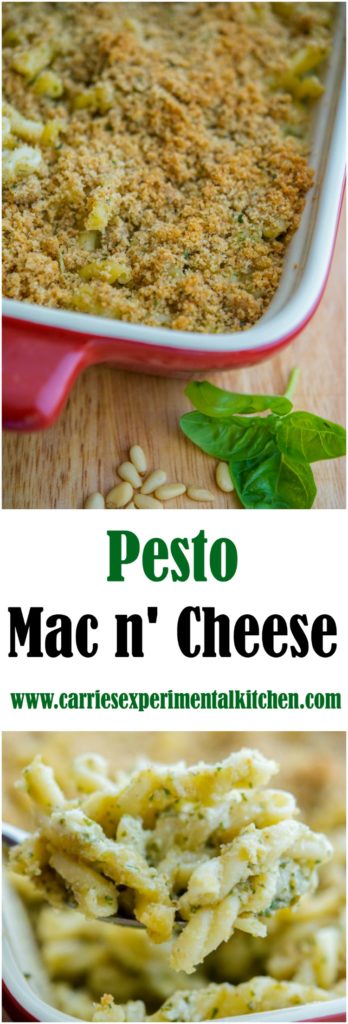 Pesto Mac n\' Cheese topped with buttery Italian breadcrumbs.