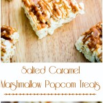 Salted Caramel Marshmallow Popcorn Treats on a wooden cutting board