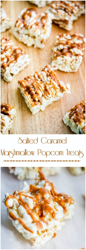 Salted Caramel Marshmallow Popcorn Treats on a wooden cutting board