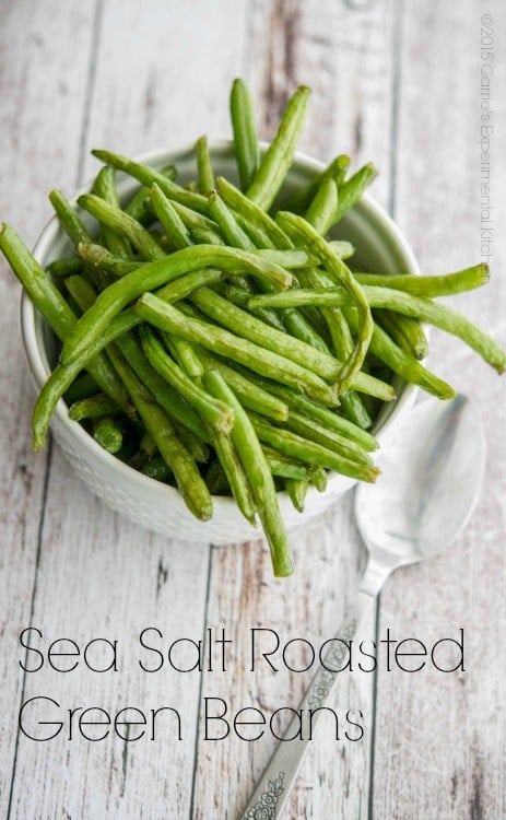 Green beans in a dish on a table.