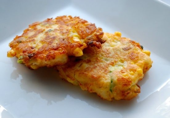 A close up of Corn and cheddar mashed potato fritters