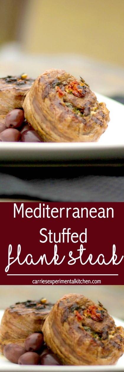 Tender flank steak stuffed with Kalamata olives, sun dried tomatoes, garlic, basil and feta cheese; then grilled to perfection. #grilling #steak #flanksteak #glutenfree