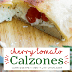 collage photo of a calzone with tomatoes and cheese