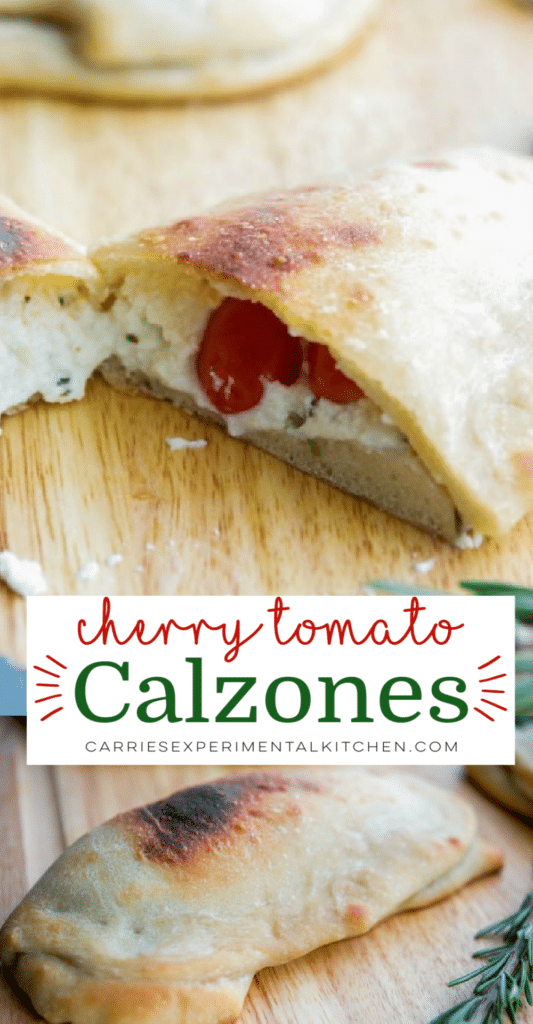 collage photo of a calzone with tomatoes and cheese