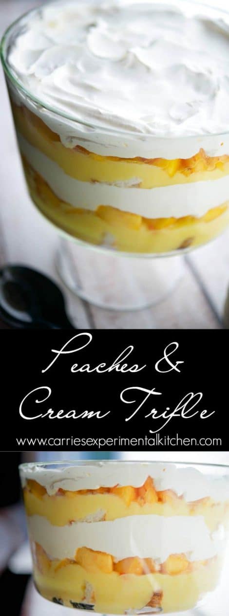 Are you looking for a quick, delicious, no bake dessert? Then this Peaches & Cream Trifle will be a definite hit. #peaches #dessert #dessertrecipes
