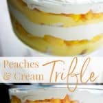 No Bake Peaches and Cream Trifle made with store bought pound cake, vanilla pudding and fresh peaches and non dairy whipped topping.