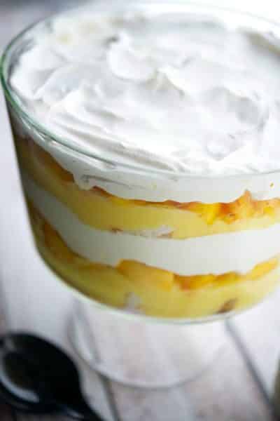 No Bake Peaches and Cream Trifle made with store bought pound cake, vanilla pudding and fresh peaches and non dairy whipped topping.