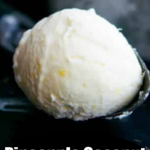 Pineapple coconut ice cream on an ice cream scoop