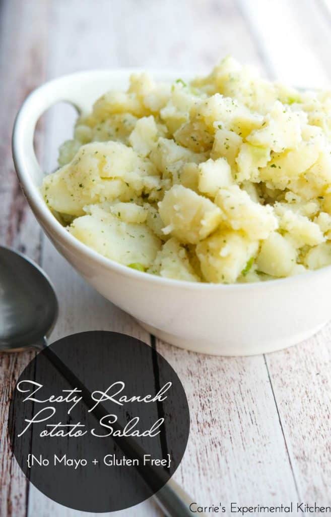 Zesty Ranch Potato Salad in a white bowl.