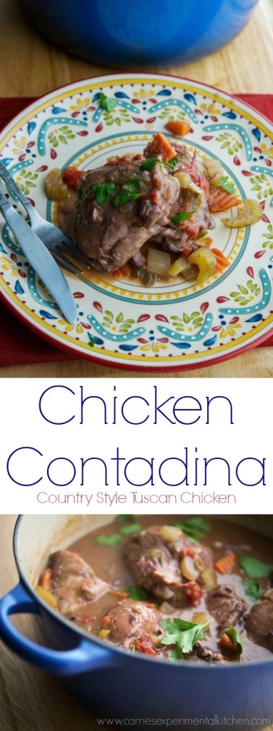 Chicken Contadina is a rustic, country style chicken dish where the chicken is cooked in a sauce of tomatoes, red wine and vegetables.