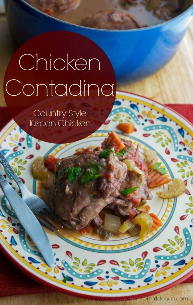 Chicken Contadina is a rustic, country style chicken dish where the chicken is cooked in a sauce of tomatoes, red wine and vegetables.