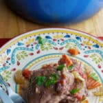 Chicken Contadina is a rustic, country style chicken dish where the chicken is cooked in a sauce of tomatoes, red wine and vegetables.