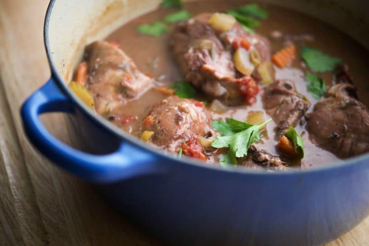 Chicken Contadina in a blue Dutch oven