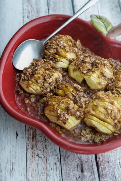 Hasselback Apples in a red dish