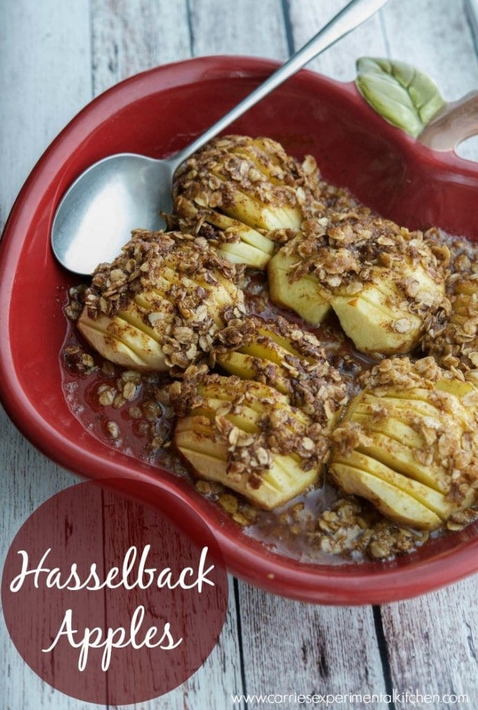 Apples sliced hasselback style; then topped with a combination of brown sugar, cinnamon, oats and melted butter. 