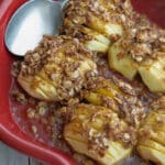 Hasselback Baked Apples are sliced; then topped with a combination of brown sugar, cinnamon, oats and melted butter. Absolutely delicious!