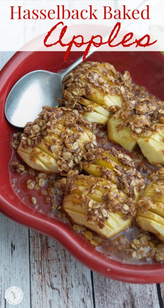 Hasselback Baked Apples are sliced; then topped with a combination of brown sugar, cinnamon, oats and melted butter. Absolutely delicious!