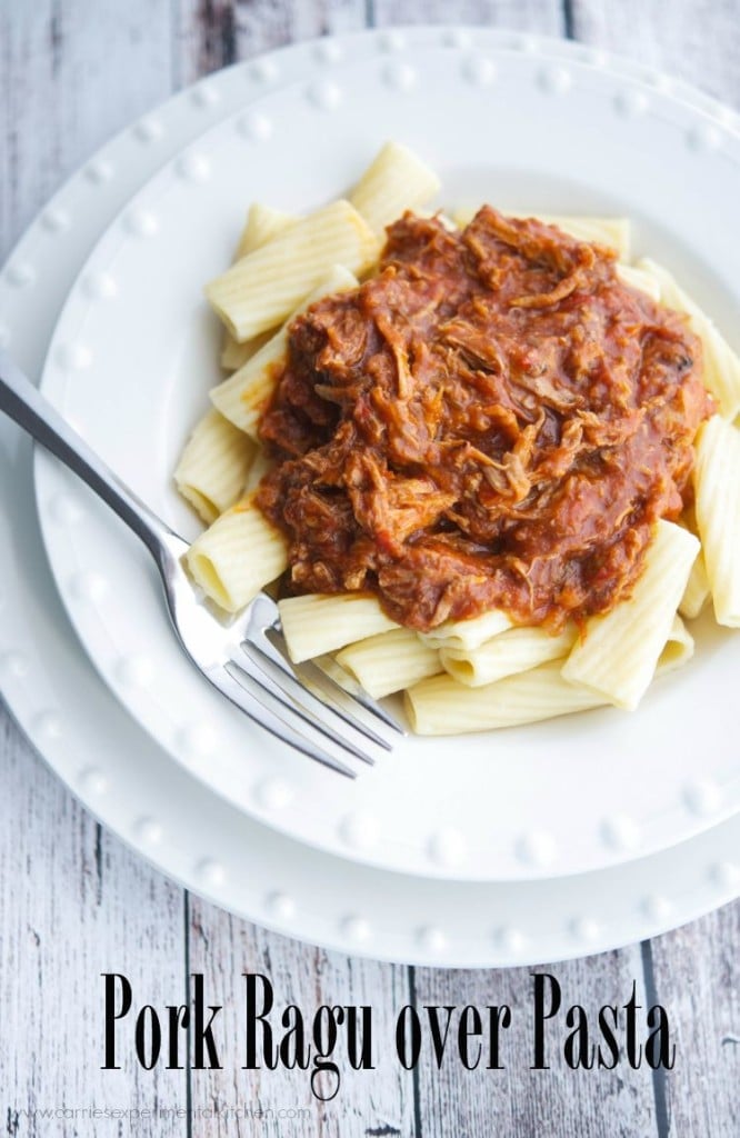 Pork Ragu over Pasta on a white plate. 