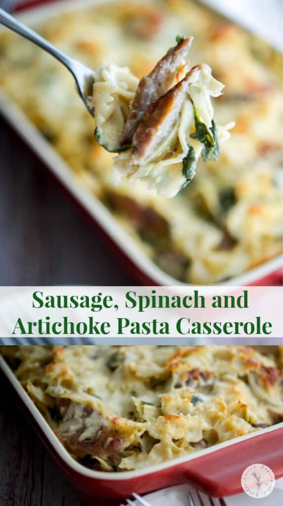A close up of Sausage, Spinach and Artichoke Pasta Casserole 