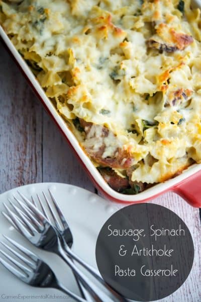 Sausage, Spinach and Artichoke Pasta Casserole in a baking dish.