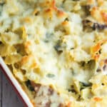 Italian sausage combined with the classic flavor combination of spinach and artichoke hearts in this delicious Sausage, Spinach & Artichoke Pasta Casserole.