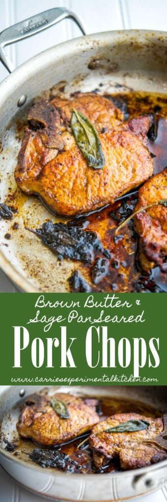 Pork Chops with brown butter and sage in a skillet
