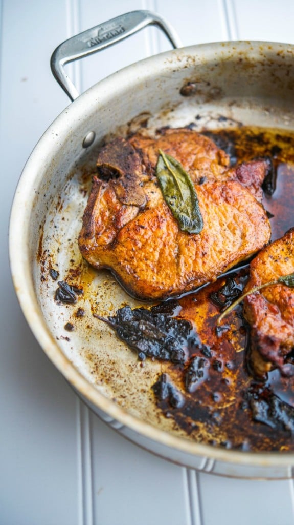 Brown Butter and Sage Pork Chops in a skillet