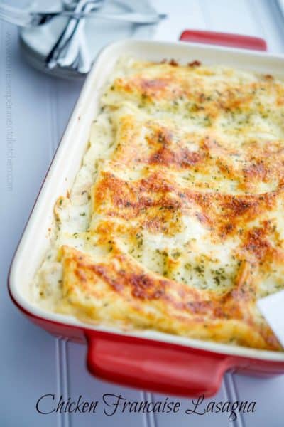 Chicken Francaise Lasagna in a red baking dish.