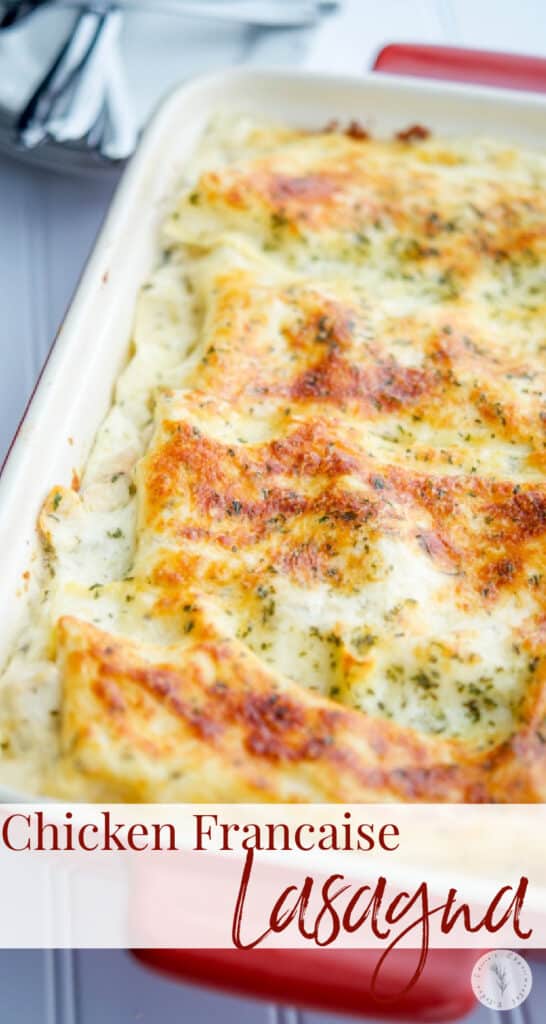 Turn a classic restaurant dish into your new favorite casserole with this cheesy, Chicken Francaise Lasagna with a lemon white wine sauce.