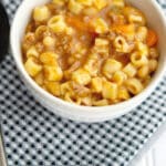 Pasta e Fagioli is a classic Italian soup made with pasta and beans. With the addition of ground beef, it makes for a satisfying meal.