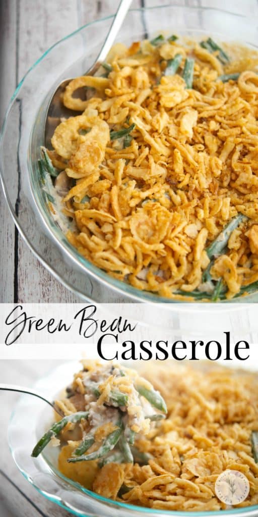 A collage photo of green bean casserole