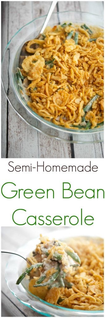 Casserole dish of Semi-Homemade Green Bean Casserole