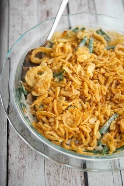 Semi-Homemade Green Bean Casserole in a dish