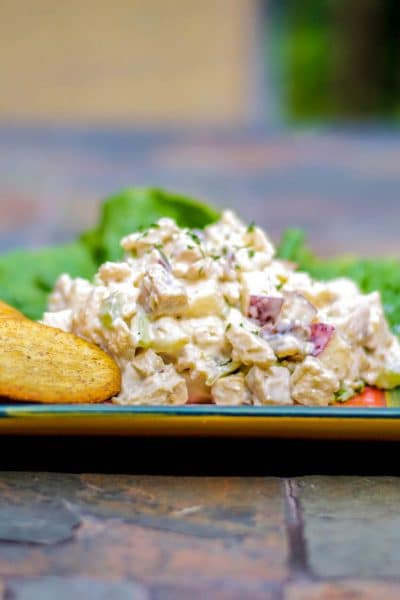 Waldorf Chicken Salad made with boneless chicken breasts, celery, apples and walnuts with a light, honey yogurt dressing. 