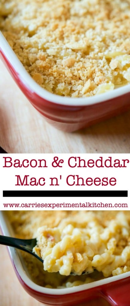 Bacon Cheddar Macaroni and Cheese in a red baking dish. 