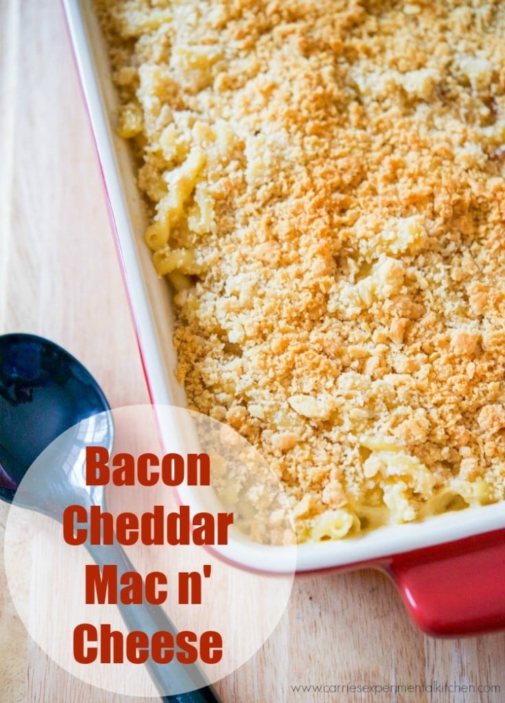 Bacon & Cheddar Mac n\' Cheese in a red baking dish. 