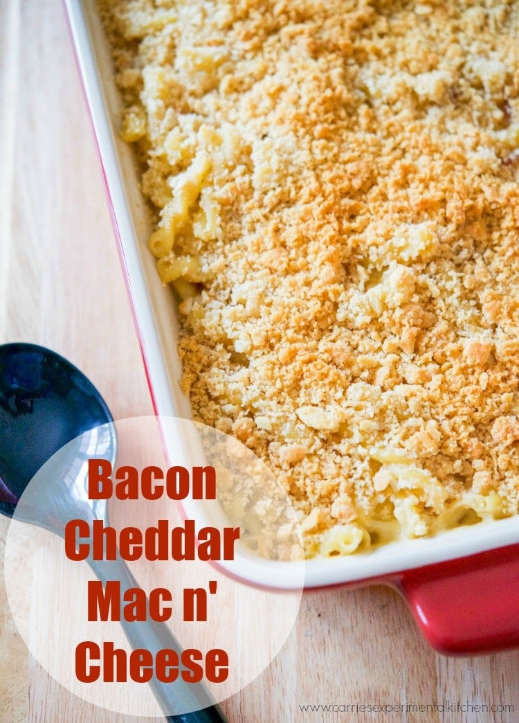 Bacon & Cheddar Mac n' Cheese in a red baking dish. 