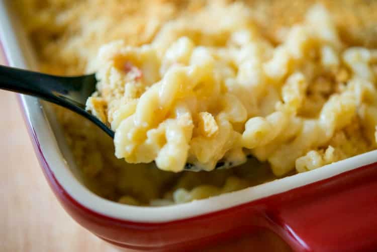 A close up of Bacon Cheddar Macaroni and Cheese on a spoon.