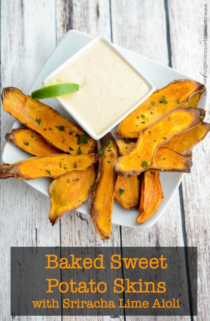 At only 31 calories each, these Baked Sweet Potato Skins with Sriracha Lime Aioli are a healthier option to game day snacking. 