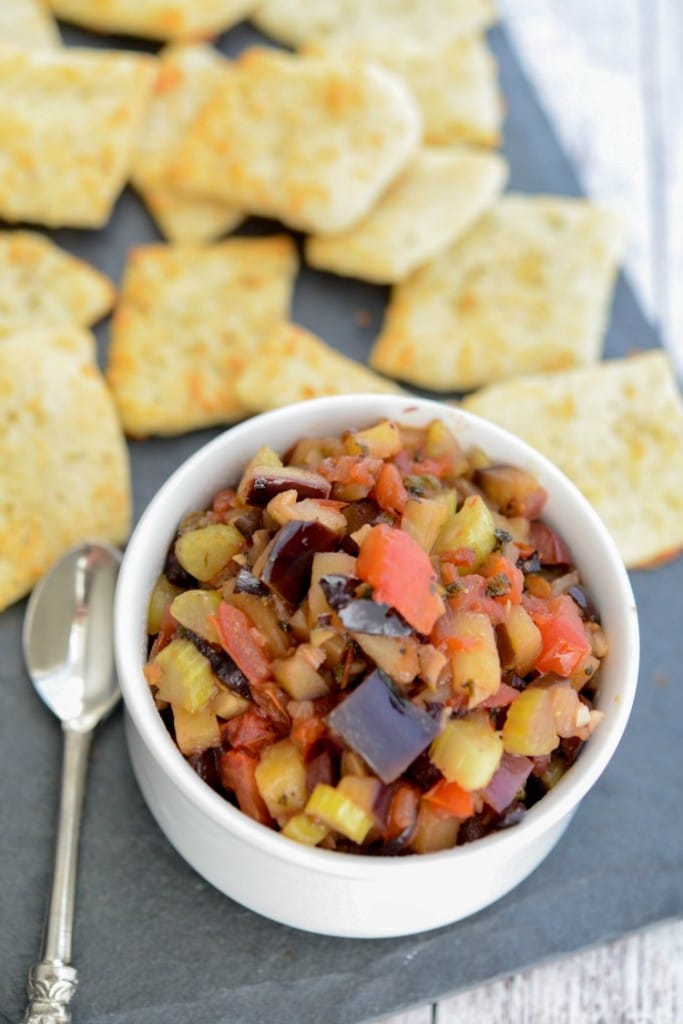 Sweet and sour Eggplant Caponata makes a tasty appetizer on pizza dippers, toasted Italian bread or placed on top of grilled chicken or fish.