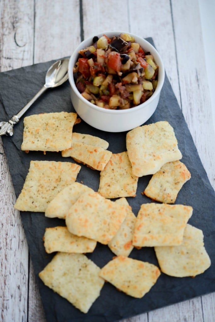 Eggplant Caponata in a dish with pizza dippers