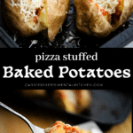 a collage of before and after pizza stuffed potatoes